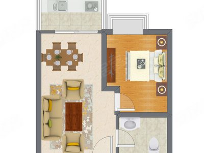 1室2厅 46.69平米户型图