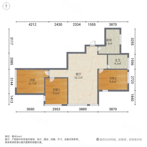 泰奕青园3室1厅1卫102.63㎡南北51万