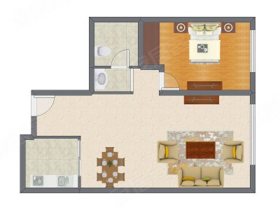 1室2厅 61.19平米户型图
