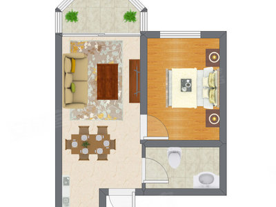 1室2厅 44.11平米户型图