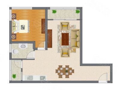 1室2厅 56.64平米户型图