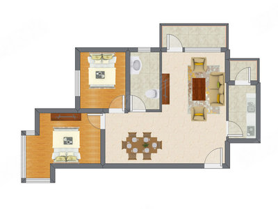 2室2厅 75.08平米户型图