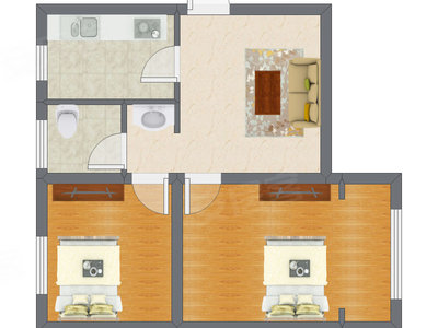 2室1厅 63.00平米