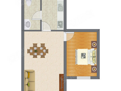 1室2厅 48.60平米户型图