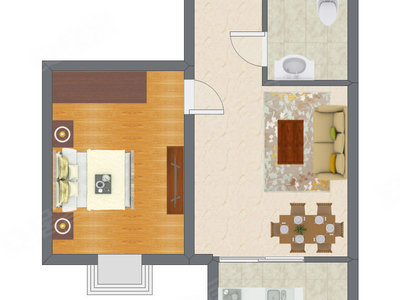 1室2厅 37.22平米户型图