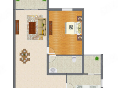 1室2厅 91.30平米户型图