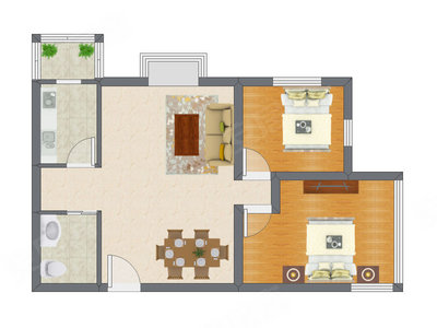 2室2厅 90.79平米户型图