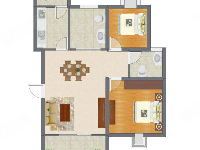 2室2厅 64.22平米户型图