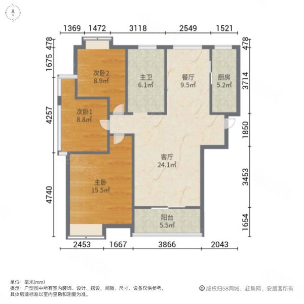 海亮御府3室2厅1卫101㎡南北60万