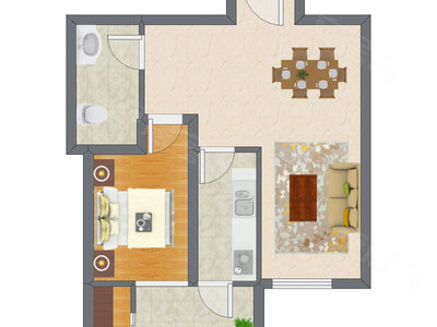 1室2厅 61.59平米户型图