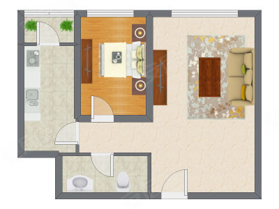 1室1厅 45.76平米户型图