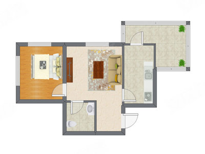 1室1厅 65.74平米户型图
