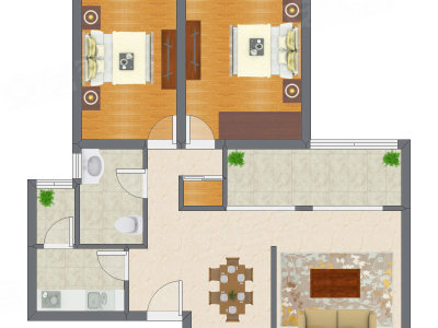 2室2厅 91.76平米户型图