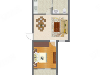 1室2厅 43.04平米户型图