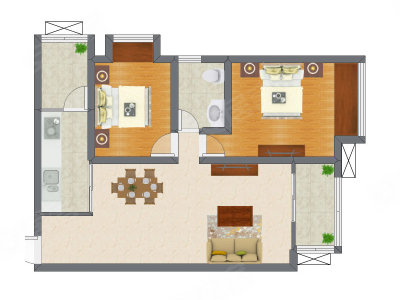 2室2厅 64.48平米户型图