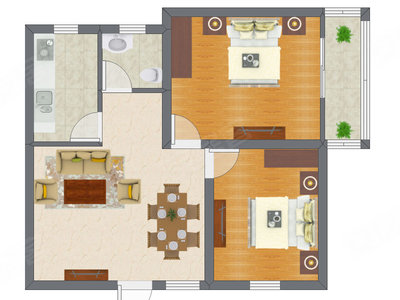 2室1厅 52.89平米户型图