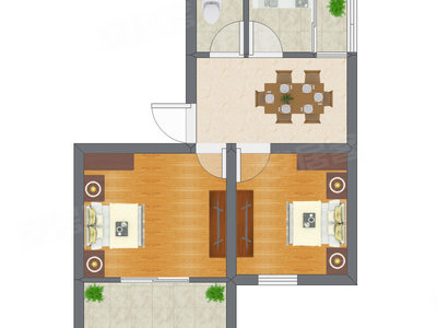 2室1厅 32.95平米户型图