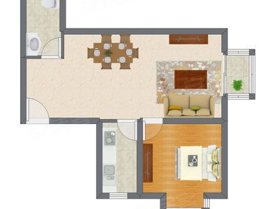 1室1厅 44.62平米户型图