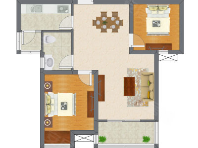 1室2厅 57.57平米户型图