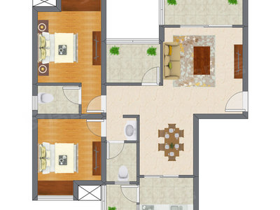 2室2厅 90.85平米户型图