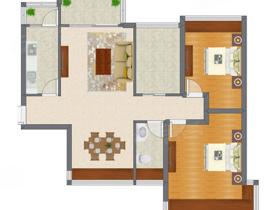 2室2厅 88.43平米户型图