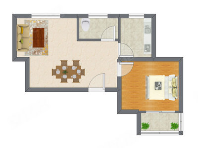 1室2厅 63.96平米户型图