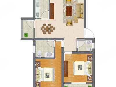 2室2厅 45.74平米户型图
