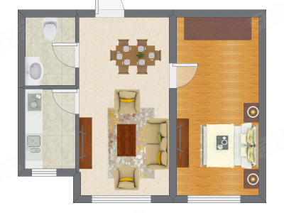 1室2厅 64.38平米户型图