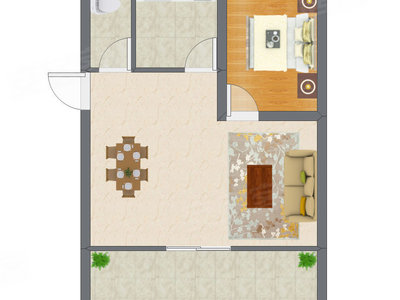 1室2厅 43.24平米户型图