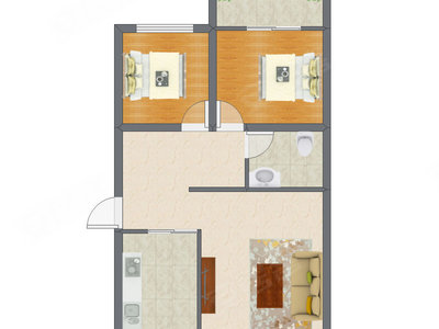2室1厅 58.75平米