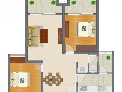 2室2厅 64.45平米户型图