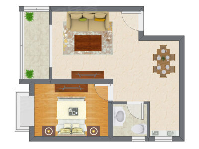 1室2厅 65.44平米户型图