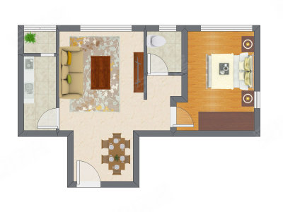 1室2厅 64.77平米户型图