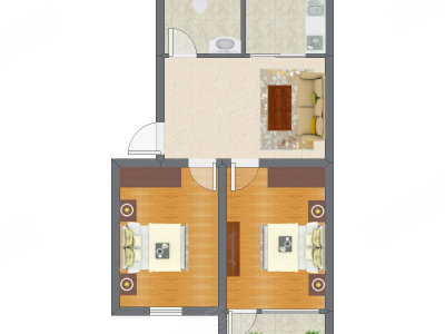 2室1厅 48.64平米户型图