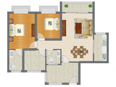 2室2厅 92.32平米户型图