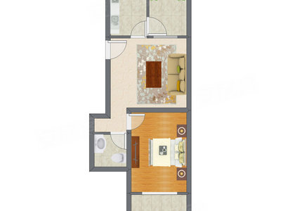 1室1厅 63.34平米户型图