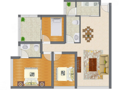 3室2厅 88.54平米户型图
