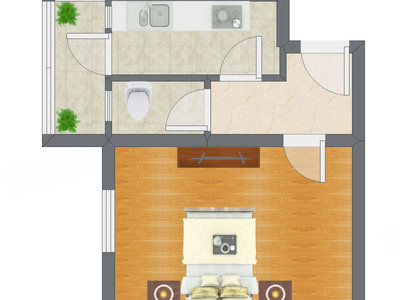 1室1厅 38.63平米户型图