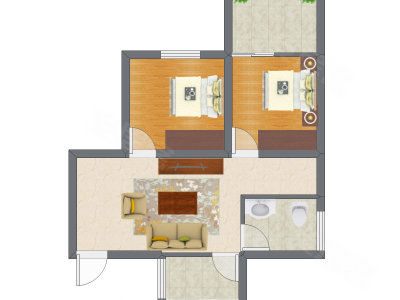 2室1厅 44.26平米户型图