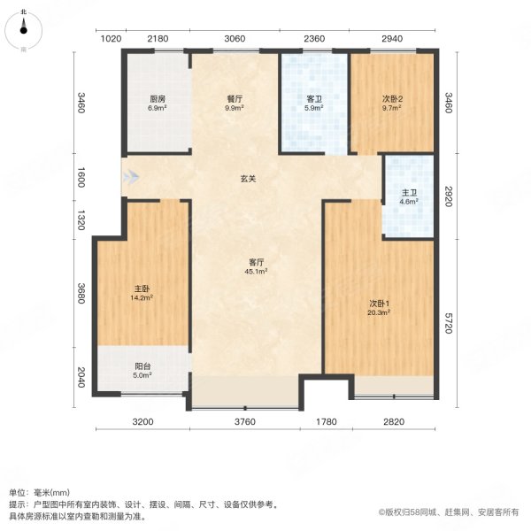 卡纳圣菲3室2厅1卫129㎡南北105万
