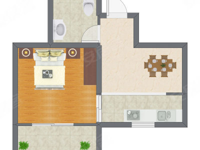 1室1厅 34.16平米户型图