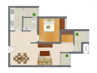 1室2厅 55.14平米户型图
