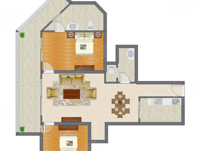 2室2厅 89.66平米户型图