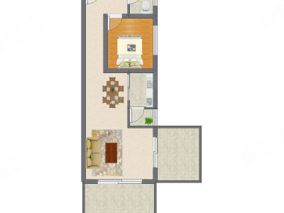 1室2厅 52.23平米户型图
