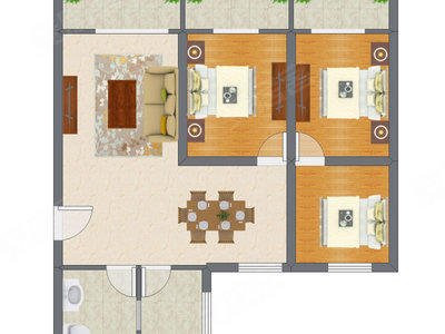 3室2厅 90.28平米户型图