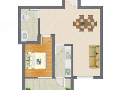 1室2厅 61.63平米户型图