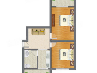 2室1厅 54.44平米户型图