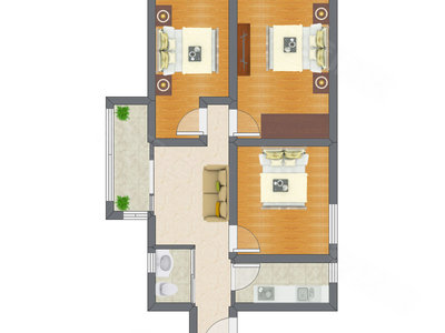 3室1厅 77.59平米户型图