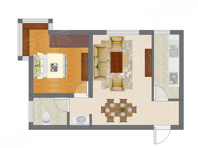 1室2厅 41.22平米户型图