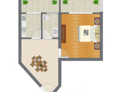 1室1厅 58.45平米户型图